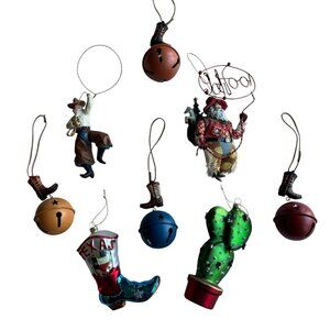 Vtg Y2K Texas Western Christmas Ornaments Group Lot Set of 8 Large Cowboy Santas